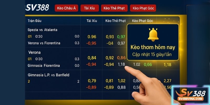 Giao diện cập nhật kèo cược SV388 với tỷ lệ hấp dẫn và nhiều loại kèo lựa chọn