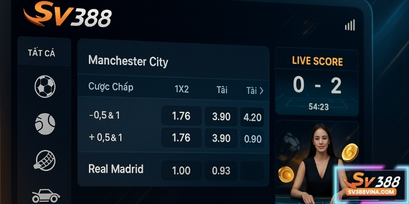 Giao diện sảnh thể thao SV388 với bảng tỷ lệ kèo đa dạng và live score trực tiếp